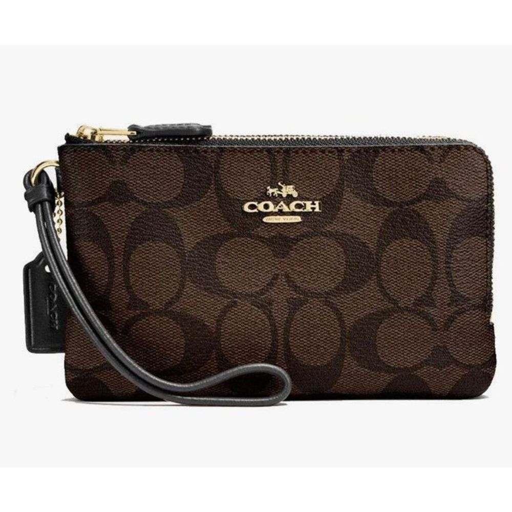 COACH - Signature Corner/Double Zip Wristlet Brown/Black Covered Canvas. PERFECT - Picture 14 of 16